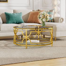 Round Tempered Glass Coffee Table in 30.7",Luxurious Geometric Metal Frame,Gold Finish & Lower Shelf, Transparent