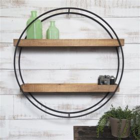 Industrial Round Wall Shelf;  Black Metal and Wood;  5.70 x 24.00 x 24.00 Inches