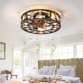 Caged Ceiling Fan with Lights Remote Control, Low Profile Flush Mount Farmhouse Modern Ceiling fans, 6 Speeds Reversible Blades