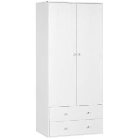 Modern Wardrobe Closet Armoire with 2 Drawers and Hanging Rod, Clothes Storage Organizer with Anti-tipping Design for Bedroom, White