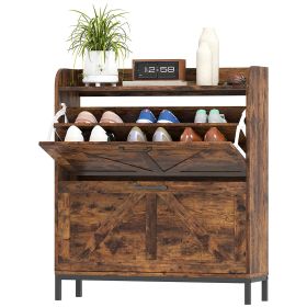 Shoe Cabinet Organizer With 2 Flip Drawers, Legs, Narrow Shoe Storage Cabinet For Entryway, Hallway, Rustic Brown (Option: BROWN)